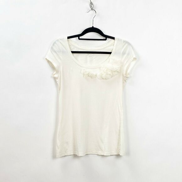 LOFT Small Womens Ivory Sheer Ruffle Flower Detail Short Sleeve Tee - Picture 1 of 6
